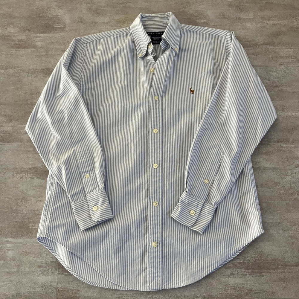 Ralph Lauren Womens 2 blue white striped button down 100% cotton logo